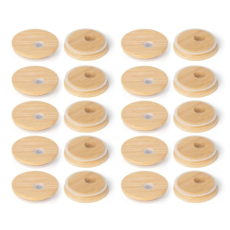 

Bamboo Lids With Straw Hole, 2.76Inch/70Mm Canning Lids With Silicone Ring For Regular Mouth Drinking Jars, (20Pcs)