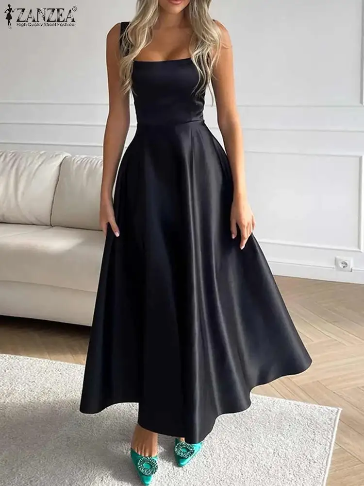 ZANZEA Women Sexy Satin Waisted Tank Dresses Summer Fashion Square Collar Maxi Vestidos Vintage Strap Dress Holiday Party Robe