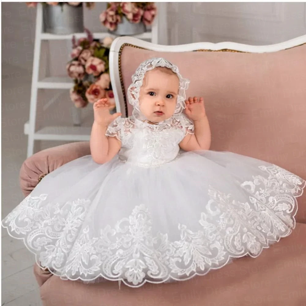 

Customized White Flower Girl Dresses For Wedding Cute Baby Lace Tulle Applique Puffy Birthday Party First Communion Gown