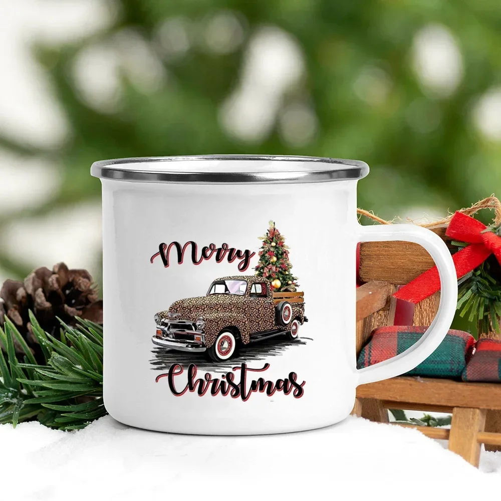 Handle Enamel Mugs Christmas Trees Truck Print Coffee Cup Christmas Party Table Decor Drinks Hot Cocoa Chocolate Cups Xmas Gifts