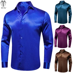 Satin Mens Dress Shirts Long Sleeve Silk Wedding Business Shirt Pure Color Royal Chocolate Brown Teal Mint White Black Purple