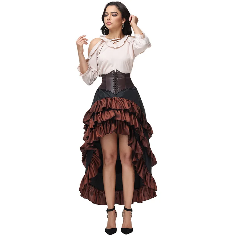 Halloween Retro Shoulder Bared Court Dress Ladies Asymmetrical Lace Long Skirt National Dance Performance Costume Women's Style