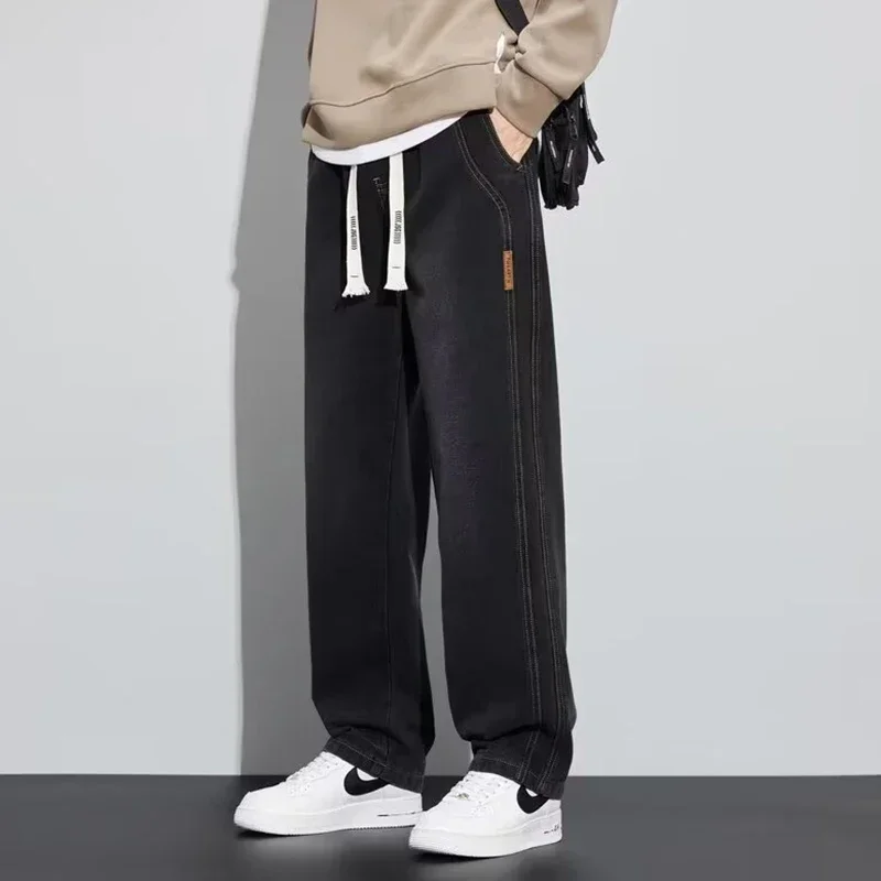 

Винтажные мужские джинсы с эластичной резинкой на талии, осенне-зимние, новые, свободные, прямые, широкие, повседневные, износостойкие джинсовые брюки для мужчин