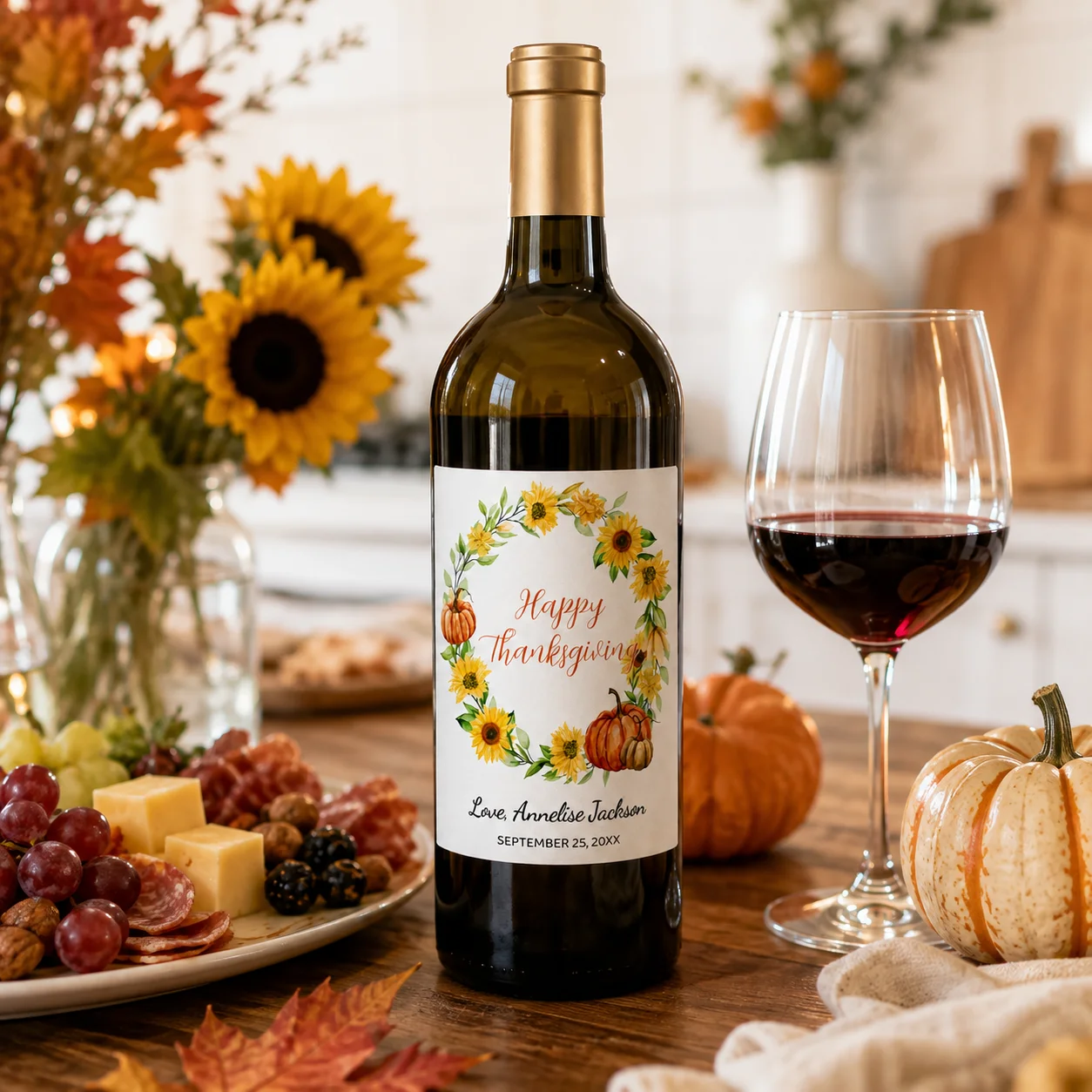 Customized wine bottle labels - Personalized thank-you wine bottle stickers, gift tags, wedding and birthday decorations, Thanksgiving celebration tags, fun autumn party labels with hand-drawn pumpkin, berry, and floral designs featuring "Happy Thanksgiving" - view 6