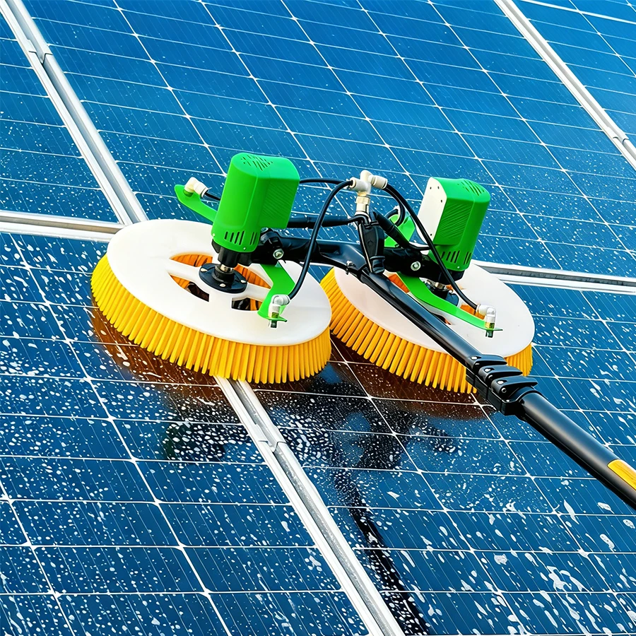 7.5m Telescopic Pole Electric Solar Panel Cleaning Brush Double Head Photovoltaic Scrubber Rotating Tool For Roof PV System