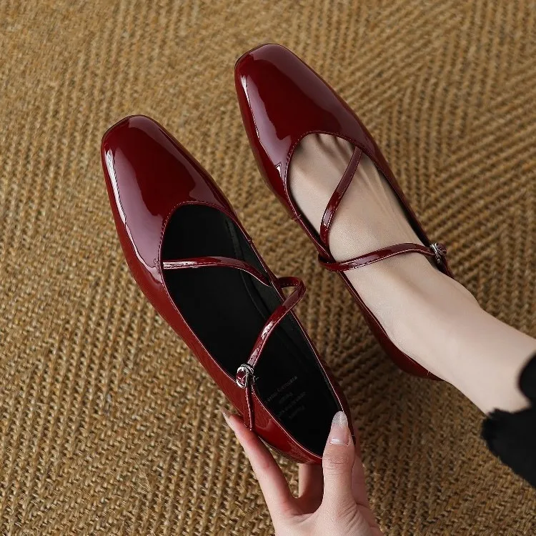 

Square-toe shallow single shoes for women new style single strap red and black chunky heel Mary Jane leather Women's shoes