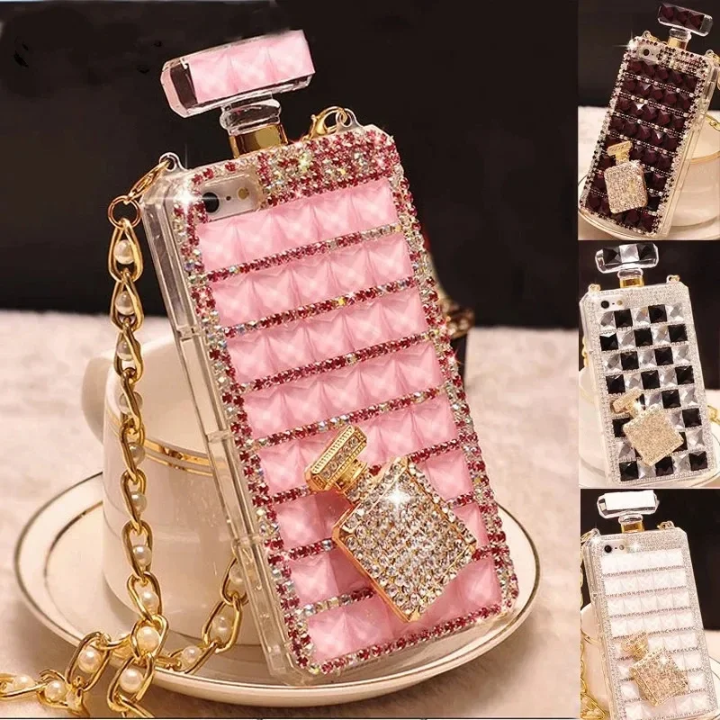 Fashion Bling Crystal Diamond bottiglia di profumo catena copertura della borsa per iPhone 15 14 13 12 16 Pro X XS MAX XR Plus custodia per telefono