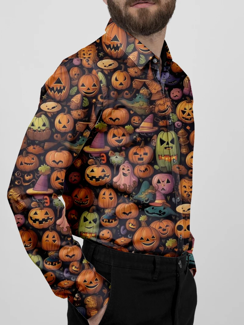 Spring and Autumn Outdoor Halloween Men\'s Shirt, Casual Ghost Pumpkin Pattern Boat Collar Button Long Sleeve Pattern Novel Costu