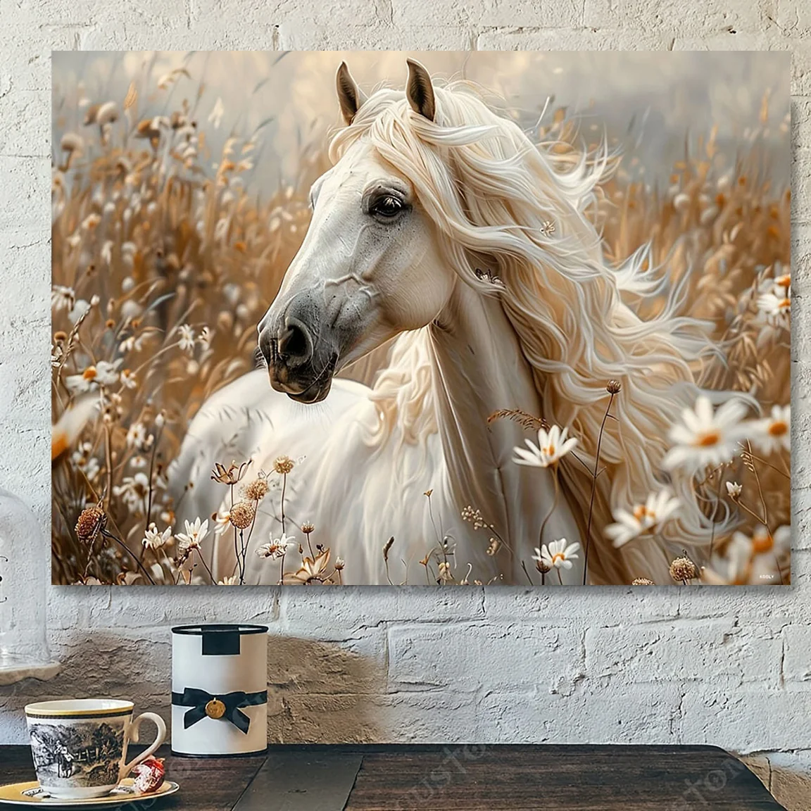 Elegante lienzo de caballo blanco, sin marco, perfecto para decoración del hogar y la oficina, tema ecuestre creativo, ideal para dormitorio, sala de estar