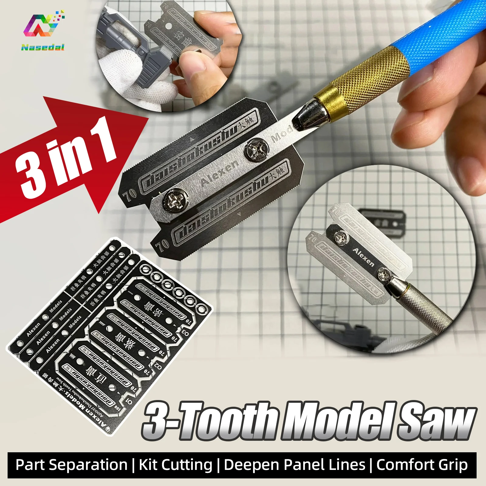Alexen AJ0037 3-Tooth Model Saw Set Plastic Model Cutting for Gundam Model Building Tools Hobby DIY Accessories Without Handle