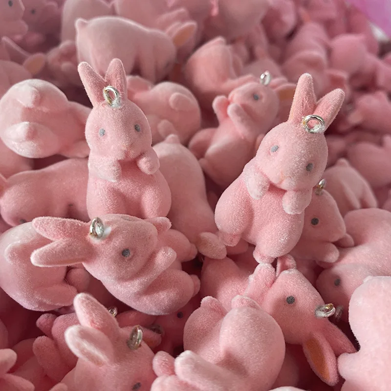 20pcs/Pack Flocked Miniature Rabbit Resin Charms Bulk Wholesale Cute Animal Pendant For Keychains Necklace Winter Jewelry DIY