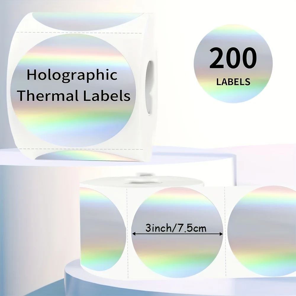 200 Stück 3-Zoll Holographische Silberne Direkt-Thermoetiketten, Runde Bedruckbare Regenbogen-Glitzer Thermodrucker-Aufkleber – Detail 3