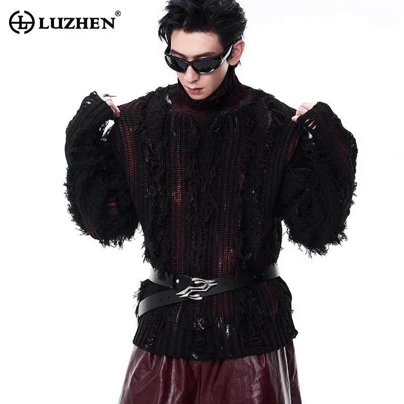 LUZHEN Tassel Knitted Sweater Scrawl Gradient Color High Quality Wornout Trendy Streetwear High Collar Chic Men's Tops LZ8277