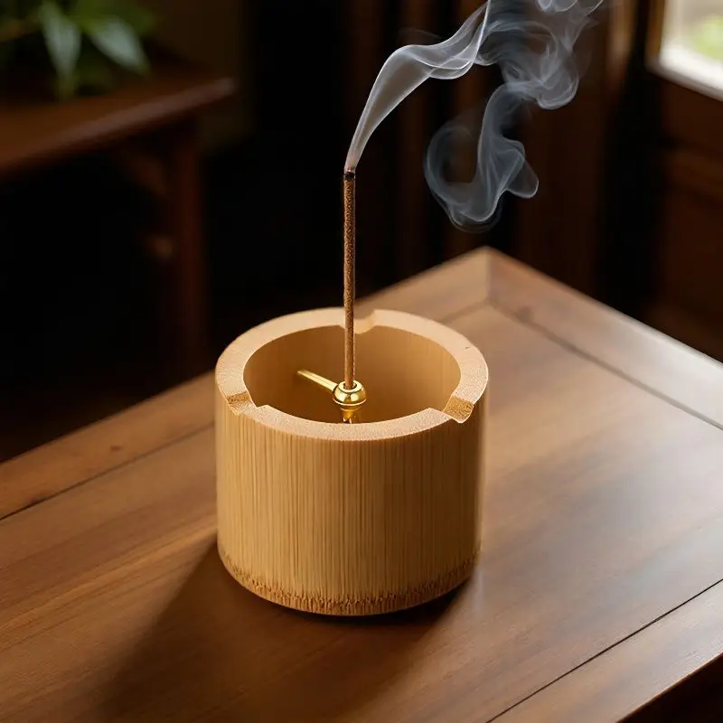 Natural Bamboo Incense Burner Metal Cord Lock Incense Holder with Bamboo Ash Catcher for Home Decor Yoga Meditation