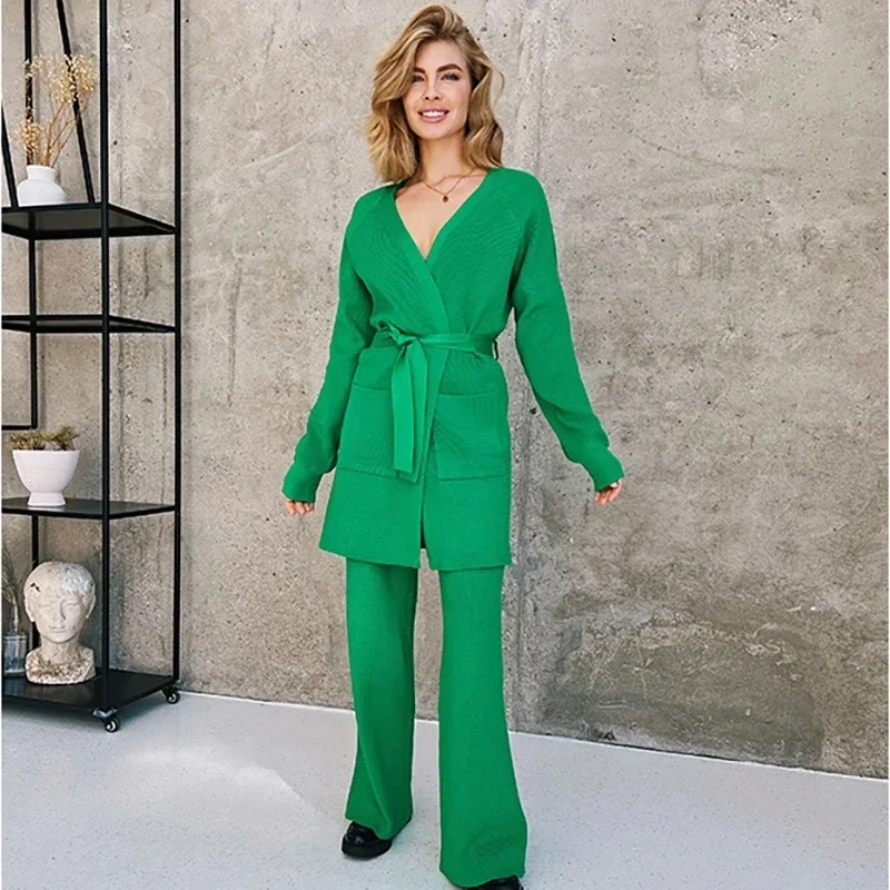 Sexy Tracksuit Sleepwear Women Two Piece Set Casual Loungewear Knit 2 Piece Sets with Blet Winter Knitted Cardigans Pants Suit