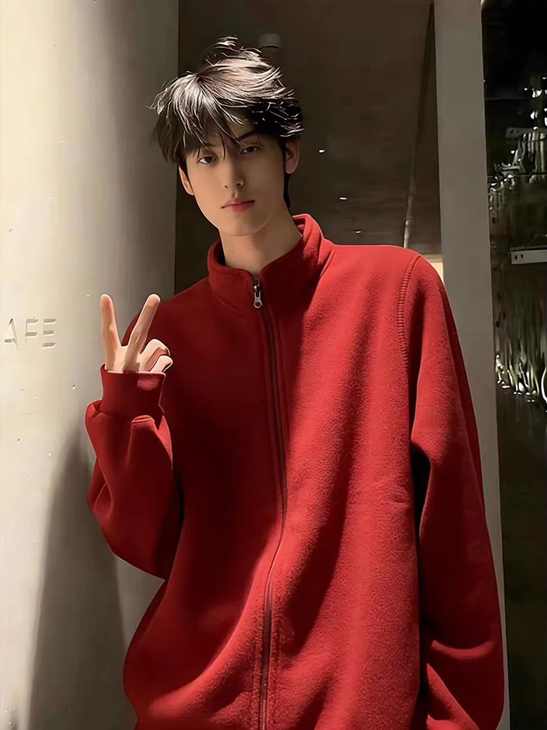 

Thiened Wine Red Fce Jaet Men's Autumn Winter Warm Stand Collar Lamb Velvet Cotton Coat Long Sve Zipper Closure Car...