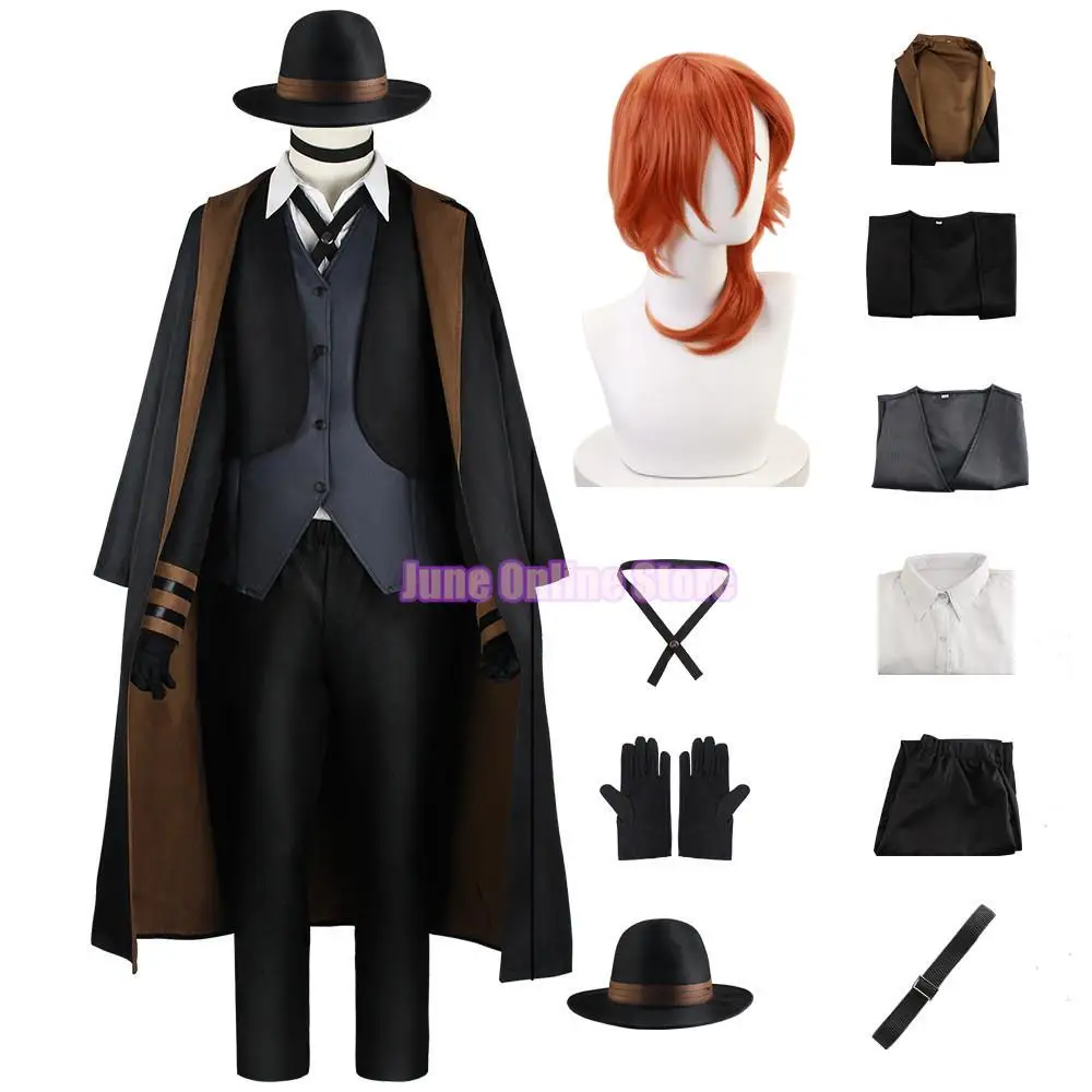 BSD Cosplay Nakahara Chuuya Costume Wig Hat Glove Jacket Pants Chuya Nakahara Anime Clothes Suit