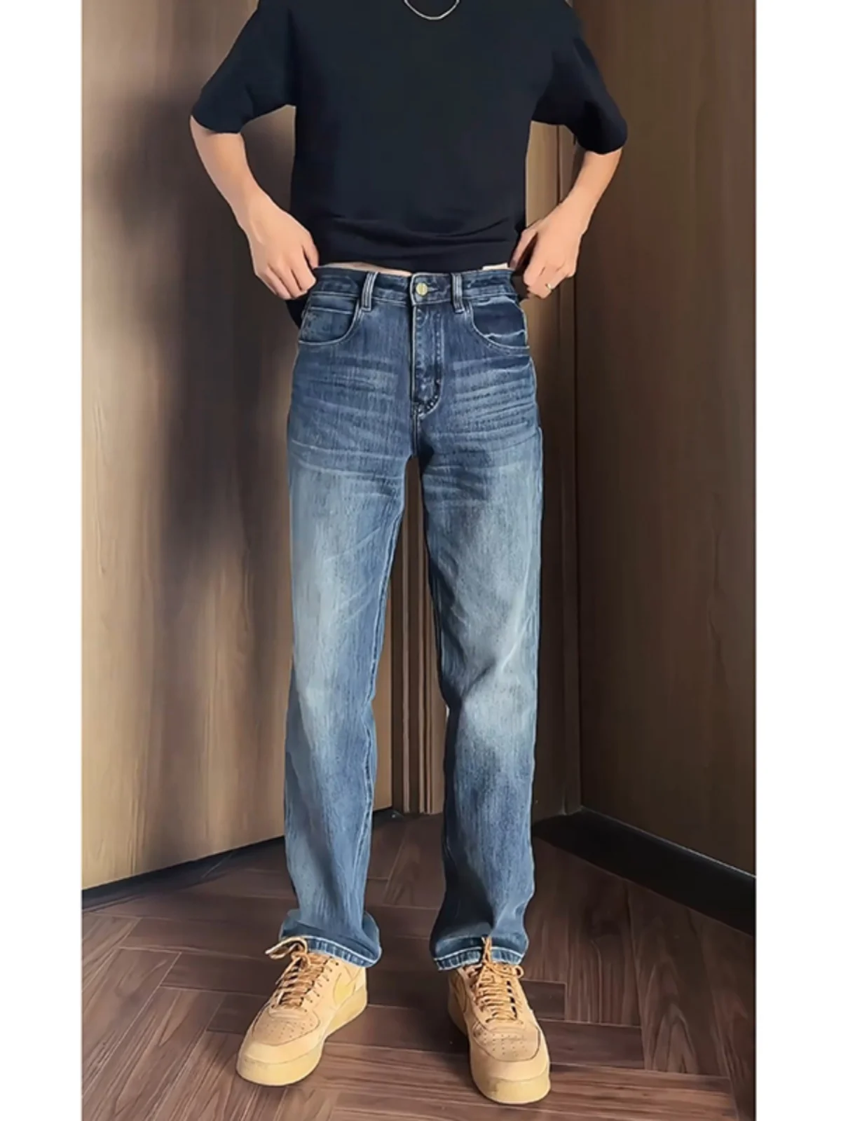 

American High Street Vibe Men's Fleece Lined Slim Fit Straight Leg Jeans Thickened Light Maturity Style Trendy Brand Handsome
