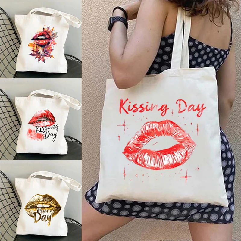 Bolso de hombro con estampado de labios besándose día, bolsa de lona de diseñador de moda, organizador de gran capacidad, bolsa de viaje para compras, regalo para amantes