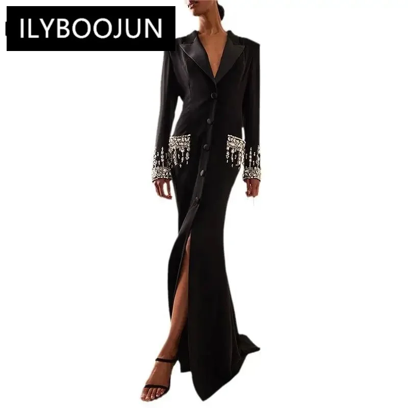 

2024 Fine Workmanship Rhinestone Beading Lady Party Wear Notched Long Sleeve Single-breasted Woman Maxi Black Dress