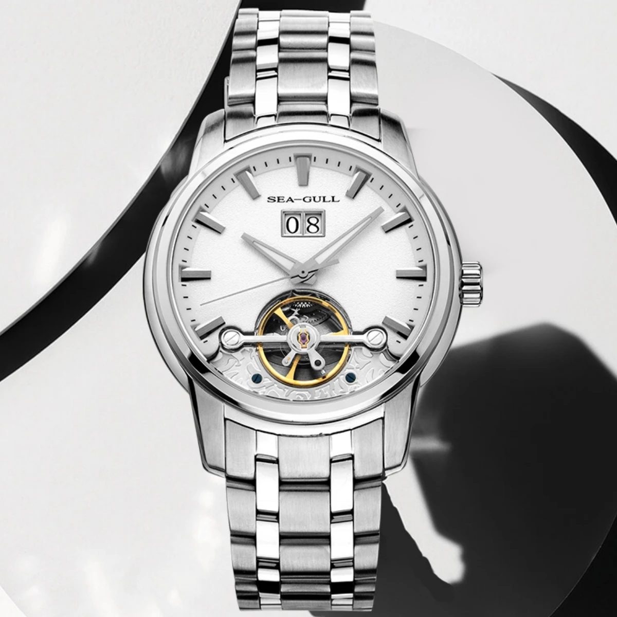

Sea-Gull Openwork Flywheel Automatic Mechanical Watch 41mm Calendar Sapphire Men's Wristwatch 316L Stainless Steel Watches 409