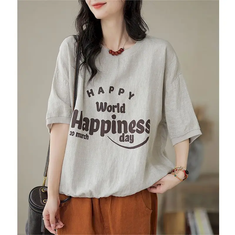 

Printed T-shirts for Women Summer Vintage O-neck Short Sleeve Tees Loose Casual Pullovers Korean Style Oversized Women Clothing