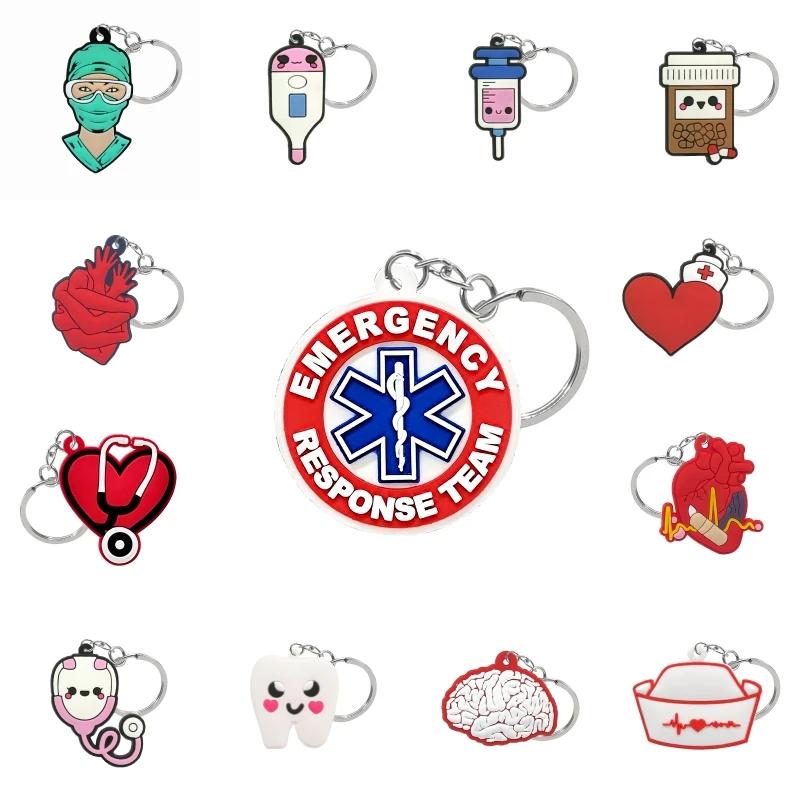 1PCS PVC Keychain Cute Nurses Teeth Medicine Style Heart & Brain Keyring Cool Handbag Accessories Gadgets for Women Gift for Kid