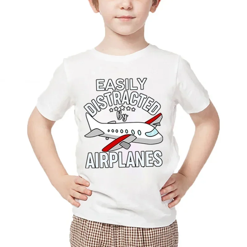 Children's Unisex Harajuku Style T-Shirt Cartoon Plane Print 'Easily Distracted by Airplanes' Fashionable Airplane Theme Tee