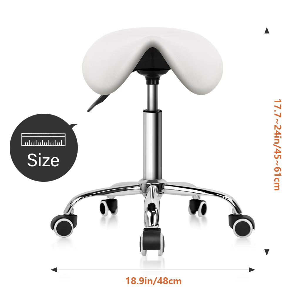 KKTONER Rolling Saddle Stool PU Leather Swivel Adjustable Rolling Stool with Wheels Salon Chair White