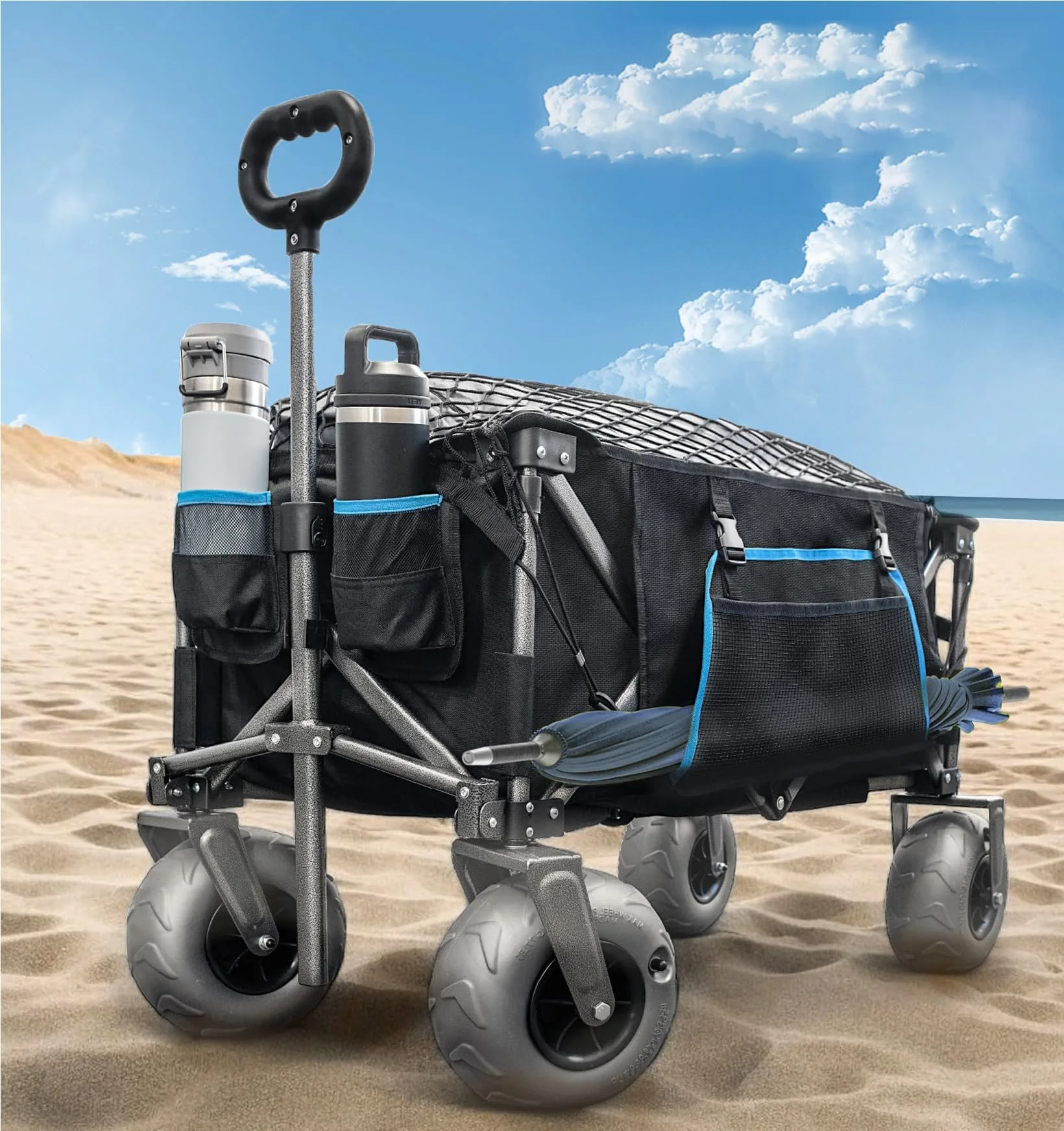 

Большие воздушные колеса, пляжный фургон с глубоким песком, большие вездеходные шины для воздушных шаров, складная универсальная тележка с карманными грузовыми сетчатыми подстаканниками