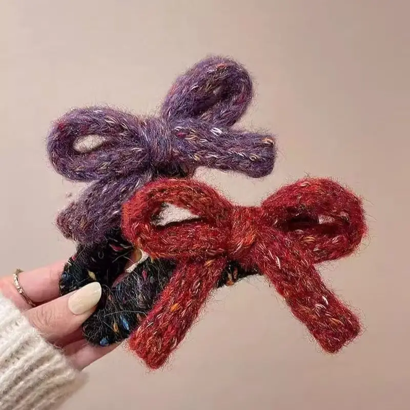 Winter & Autumn Knitted Wool Bowknot Hair Clips Colorful Yarn Large Plush Duck Bill Clip Women's Updo Barrette Hair Accessories