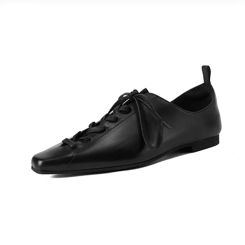 

2025 Hot Sale Fashion Low Heel Lace Up Genuine Leather Pumps Women Daily Walk Flats Young Girls Casual Spring Autumn Black Shoes