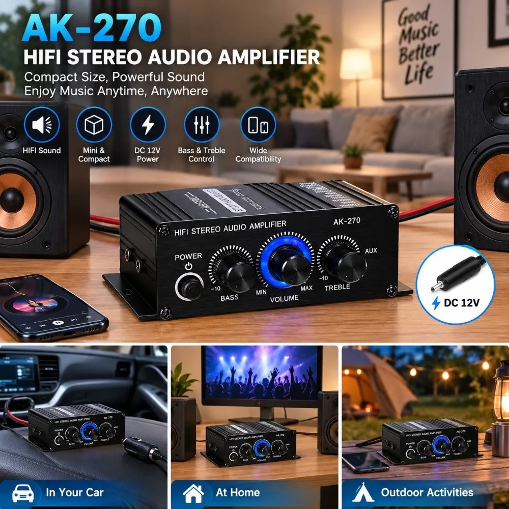 1pcs Versatile 12V Power Mini Stereo Amplifier HiFi Sound Small Size Power Amplifier System Sound Amp Receiver Home Use