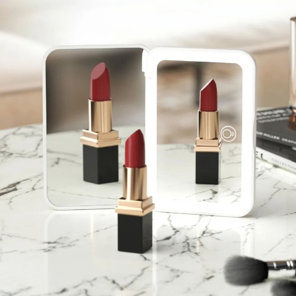 Mini-Klapp-Make-up-Spiegel, tragbar, vergrößernd, ästhetische Kosmetikspiegel, dimmbar, 3-farbige Beleuchtung, LED-Licht, Desktop-Spiegel