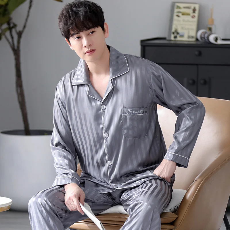 Spring and Autumn Men's Pajamas Cardigan Silk imitation Pyjamas Male Solid Color High Quality Pijamas Hombre Men's Homewear