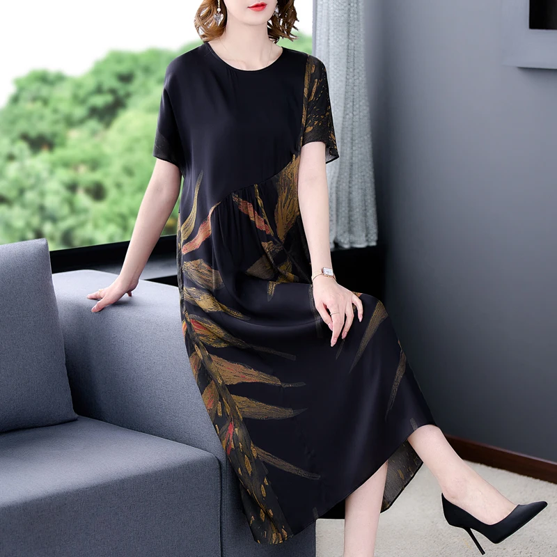 Summer Floral Natural Silk Midi Dress Women Korean Vintage Short Sleeve Casual Dresses 2024 Elegant Loose Waist Plus Size Dress