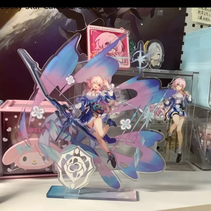 Anime Honkai: Star Rail March 7th Pin Brooch Badge Button Acrylic Stand Model Desk Display Standing Exhibit Through Card 2pcs