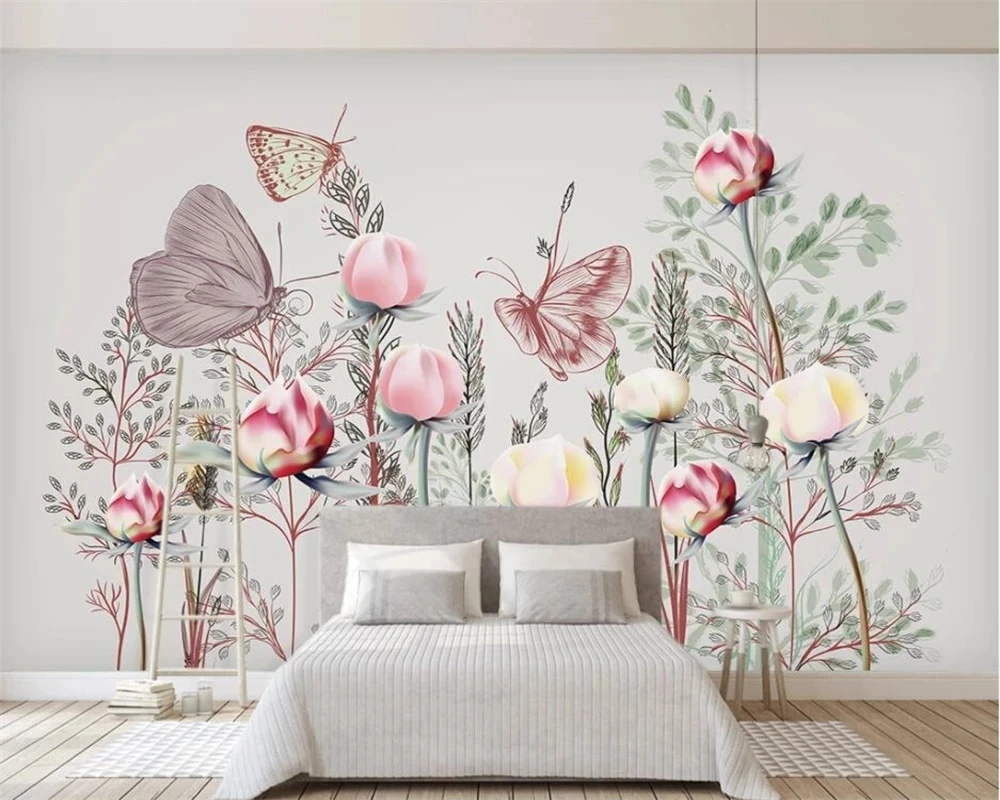 Custom photo 3D Self Adhesive wallpaper pink flower butterfly bedroom Living room sofa TV background wall restaurant study Hotel