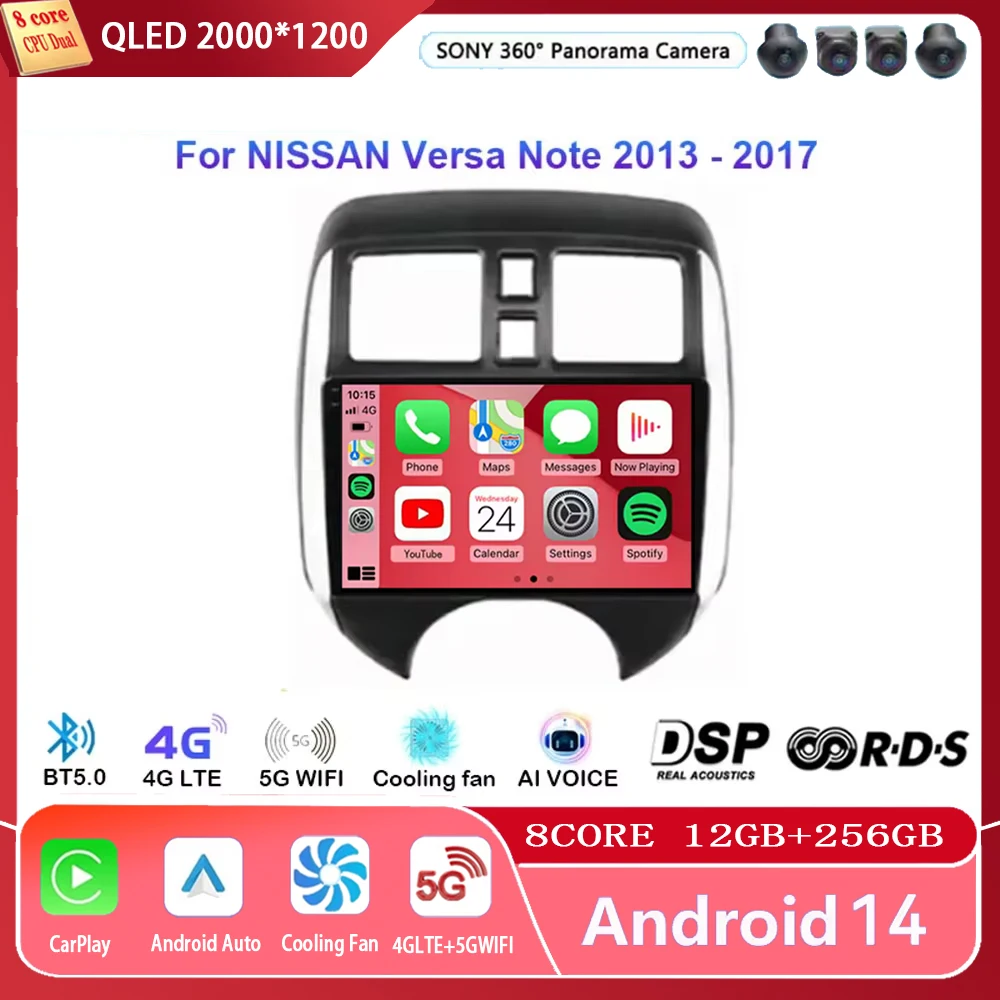 Android 14 Voor Nissan Versa Opmerking 2013 - 2017 Auto Multimedia Videospeler Stereo Gps Dsp Auto Carply 4G Qled Geen Dvd 2din