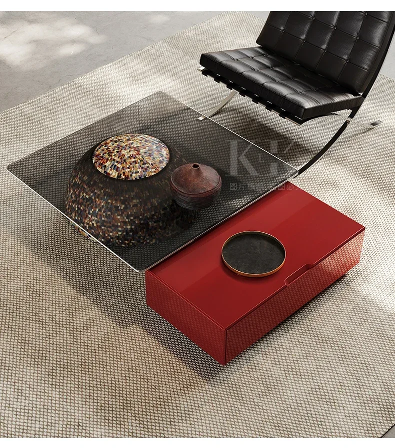 

Italian minimalist square coffee table combination light luxury modern high-end glass large apartment