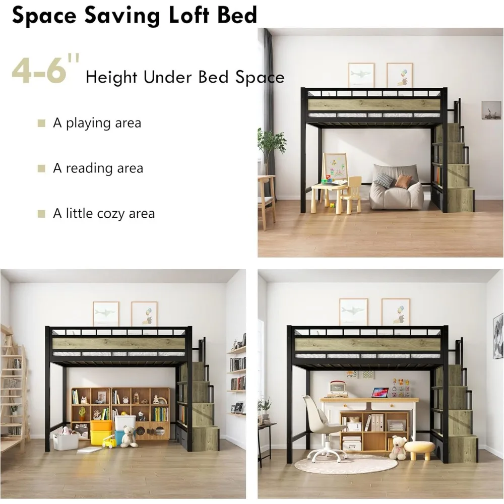 سرير علوي معدني مزدوج الحجم مع سلالم وأدراج تخزين، إطار سرير عالي التحمل موفر للمساحة للمراهقين والصغار، بدون صندوق زنبركي #5