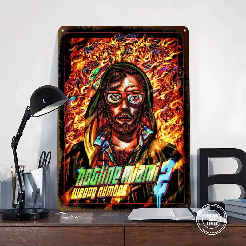 Hotline Miami 2: Wrong Number Artwork Tinplate Poster Custom Wall Art Vintage Metal Signs Retro Tin Plaque for Desk Decor Room