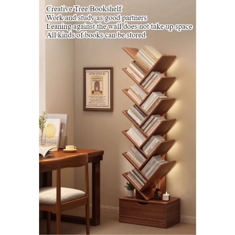 Solid wood bookshelf creative tree-shaped floor shelf household living room storage rack corner bookcase storage cabinet