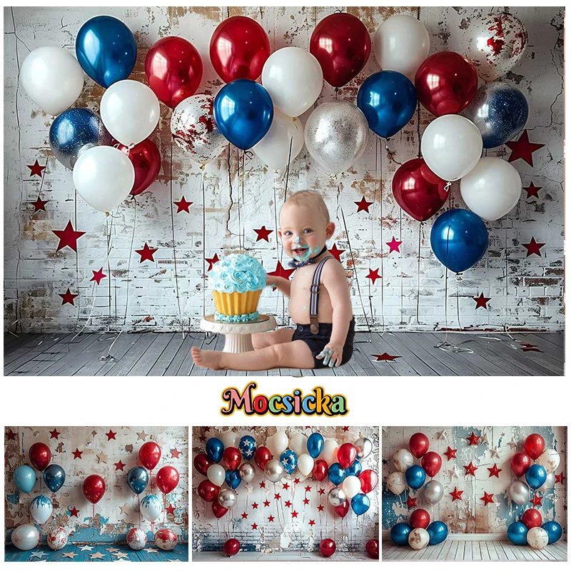 

Mocsicka Photography Background Independence Day Balloon Star Decor Cake Smash Kids Birthday Party Backdrop Photo Studio