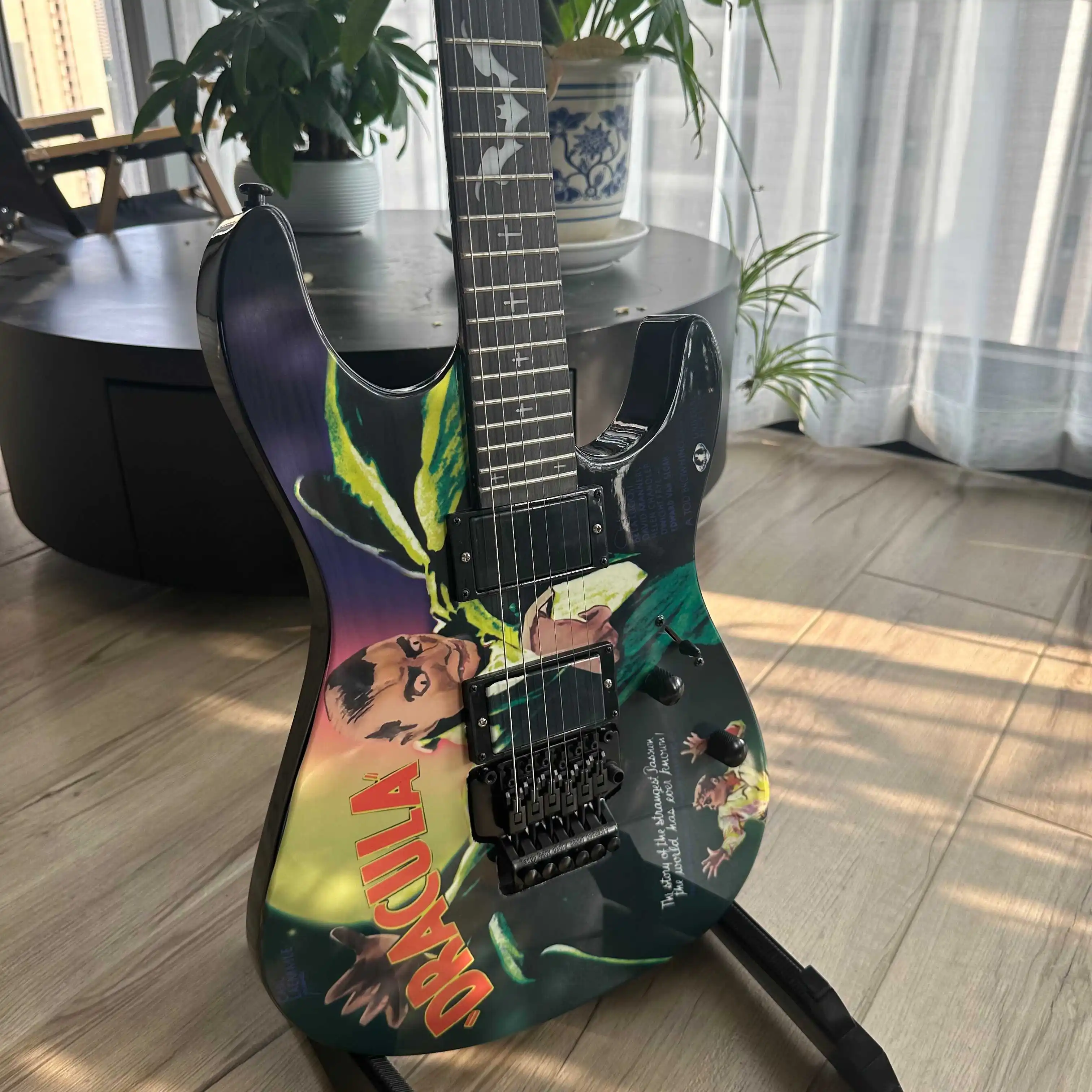 Karloff KH‑3 Vampire Electric Guitar, Bat Pattern Fretboard Inlay, Multicolor Themed Painted Artwork, EMG Pickups, Locking Nut