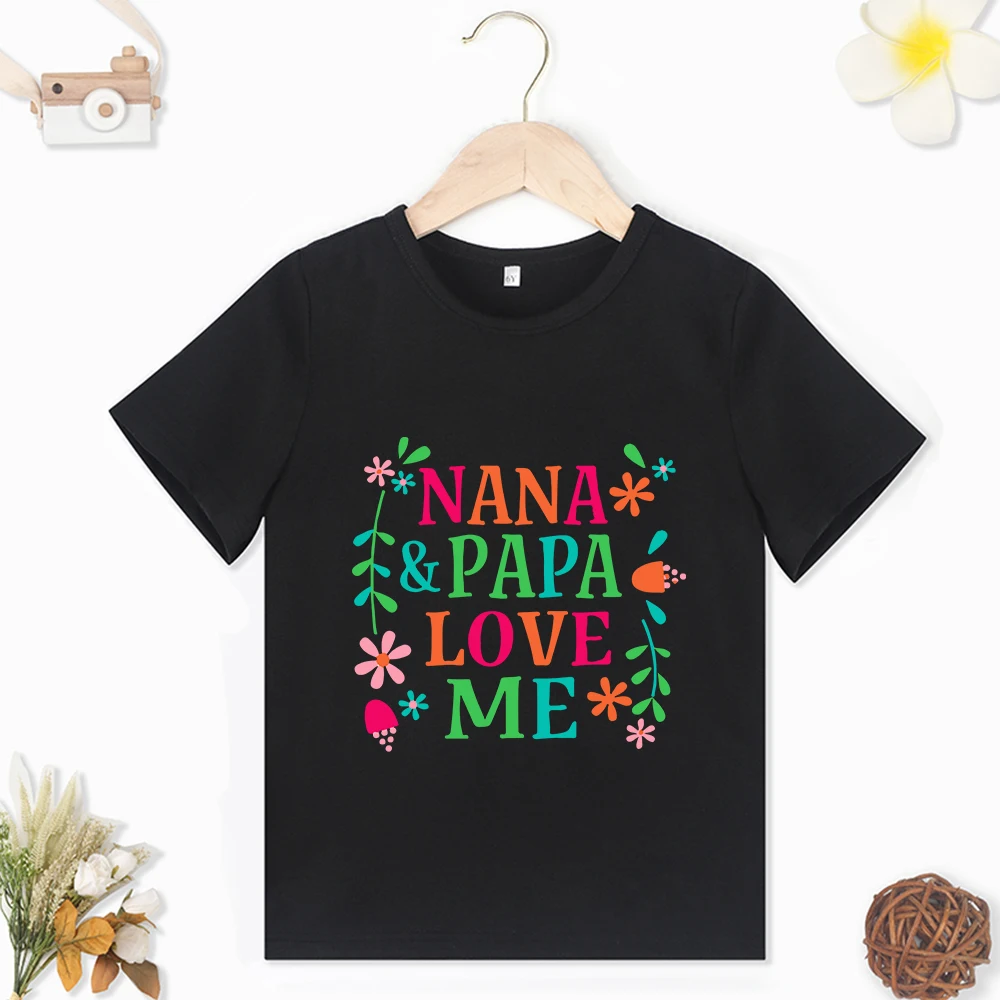 Nana & Papa Love Me Letters Print Black Kids T-Shirts Summer Casual Style Y2K High Quality Short Sleeve O Neck Loose Child Tops