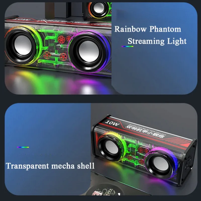 V8 Transparent Mecha Speakers Bluetooth 5.0 Wireless Double Bass Diaphragm Subwoofer Music TWS RGB Light Mini Party Loudspeaker