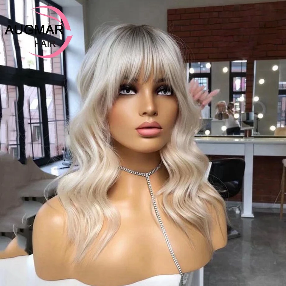 Platinum Blonde Body Wave Lace Front Wig With Bangs HD Transparent Lace Frontal WIg 13x4 Lace Front Human Hair Wigs For Women