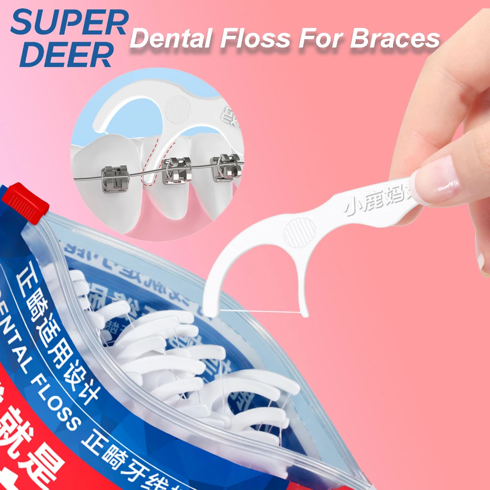 Super Deer 100Pcs Orthodontics Dental Floss For Braces Plastic Dual-end Floss Toothpicks With Thread Clean Between Teeth