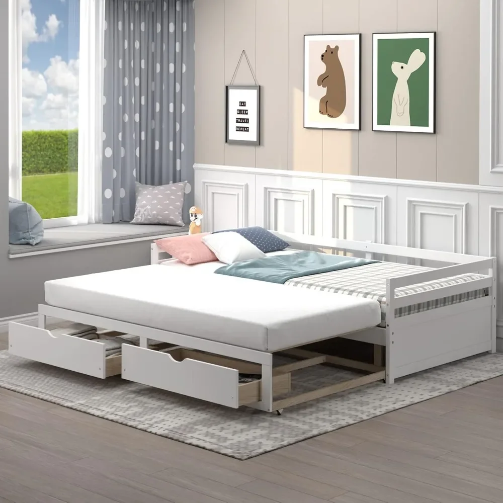 Wood Daybed with Trundle, Twin To King Extendable Daybed with 2 Storage Drawers, Dual-use Modern Day Bed, No Box Spring Required